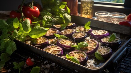 Eggplant on cutting tray, knife, in kitchen, red chilly