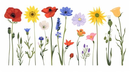 Flower set in summer. Field blooms, floral plants. Gentle delicate wildflowers. Blossomed spring anemone, sunflower, crocus, poppy buds. Flat modern illustrations isolated on white. - obrazy, fototapety, plakaty
