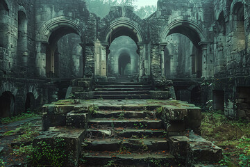 Ancient stone ruins overgrown with moss and vegetation, shrouded in mystery and fog in a dense forest - obrazy, fototapety, plakaty