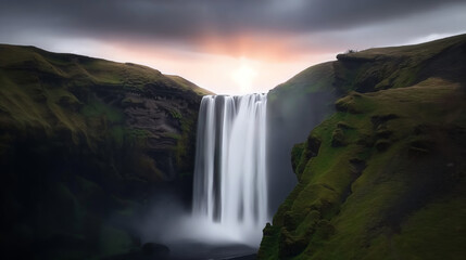 Mesmerizing long exposure shot capturing the iconic waterfall landscape of Iceland - obrazy, fototapety, plakaty