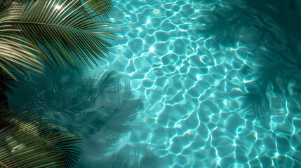 Fototapeta na wymiar Tropical palm leaves in swimming pool with sun reflections, background