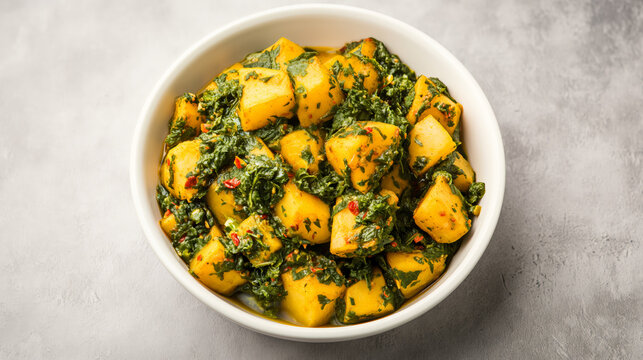 Nutritious Aloo Methi Sabzi, a healthy Indian cuisine, served in a white bowl