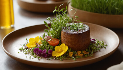 Salmon cake with buttercups and microgreens on a plate