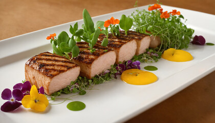 Grilled tuna steak on a white plate decorated with edible flowers.