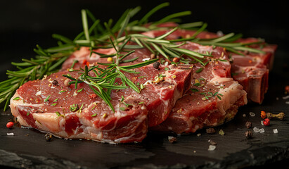 Raw beef steaks with spices on black stone board