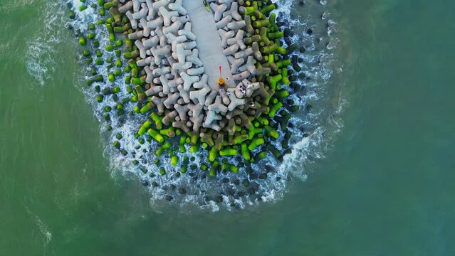 Aerial shot of the breakwater with tetrapod breakwaters covered with green moss.