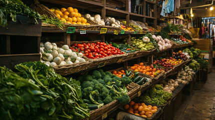 Colorful array of fresh vegetables neatly arranged on shelves by local vendors in India