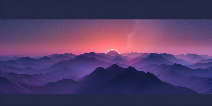 Vibrant sunset Artistic rendition of a solar eclipse over layer over mountainous landscape a mountain range silhouetted against the colors of a twilight sky. a colorful sky background and wallpaper 
