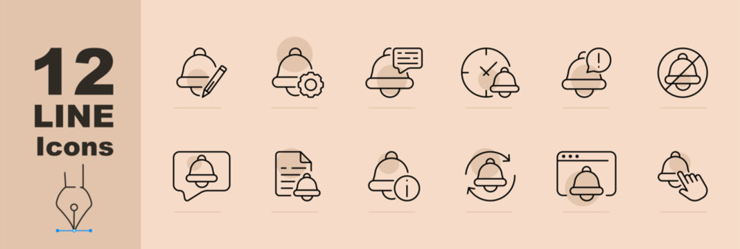 Bell line icon set. Ringing, school, cow, sound, church, notification, message, gear, options, clock. Pastel color background. Vector line icon for Business