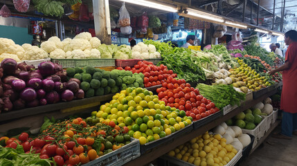 Fototapeta na wymiar Colorful array of fresh vegetables neatly arranged on shelves by local vendors in India