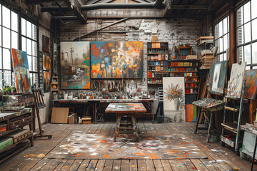 An art studio with multiple vibrant canvases and a plethora of paint supplies in a creative and slightly chaotic workspace setting - obrazy, fototapety, plakaty