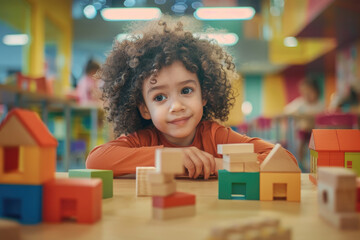 A young girl with curly hair playing in the kindergarten, building small wooden houses on her desk while smiling and looking at camera