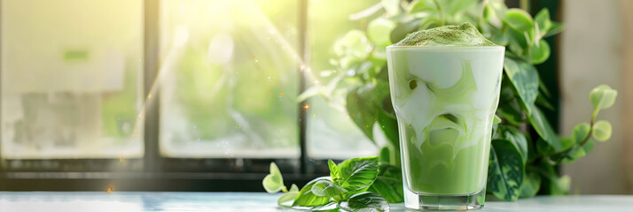 Matcha latte in a glass on the kitchen table against the background of a bright kitchen, summer morning, Horizontal illustration, free space for text.