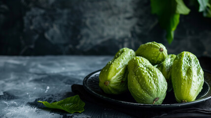 Black plate filled with green cucumbers on table