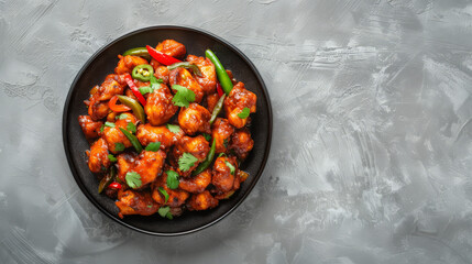 Spicy Indian Style Chilli Chicken Dry in Plate, Top View, Grey Concrete Background - obrazy, fototapety, plakaty