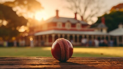 Closeup of a red cricket ball laying on a green grass - obrazy, fototapety, plakaty
