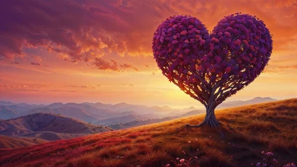 Fototapeten sunrise in the mountains with heart tree. wallpaper illustration style. © LoveLy
