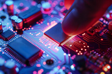 Hand holding computer microchip isolated on semiconductor background - obrazy, fototapety, plakaty