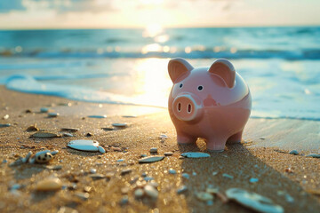 Save for vacation with piggy bank 401k loan - obrazy, fototapety, plakaty