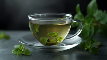A soothing cup of Holy Basil or Tulsi Tea is served in a glass cup with saucer