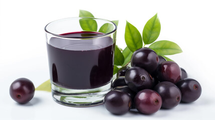 Refreshing Jamun Fruit Juice in Glass, Syzygium with Leaves and Fruits, White Background