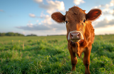 Young calf is looking at the camera in green pasture on sunny day.