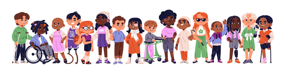 Diverse inclusive children banner. Cute disabled kids with cancer, amputated limbs, blindness. Girls and boys with bionic prosthesis, wheelchair, crutches. Flat isolated vector illustration on white