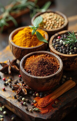 Various spices in bowls on wooden table