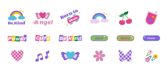 Trendy stickers collection in y2k style. Butterfly 2000s, flowers, hearts, glamour vintage icons, Cute, Be kind, Power phrases. Vector