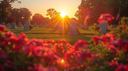 Memorial Day Sunrise at an American Cemetery with Flags - obrazy, fototapety, plakaty