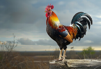Rooster standing on fence post - obrazy, fototapety, plakaty