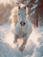 White horse runs gallop in the snow