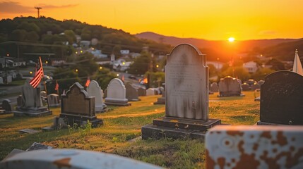 Memorial Day Tribute at Cemetery During Sunset
