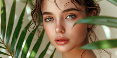 Fototapeta premium Tropical Elegance: Woman Amidst Green Palm Leaves
