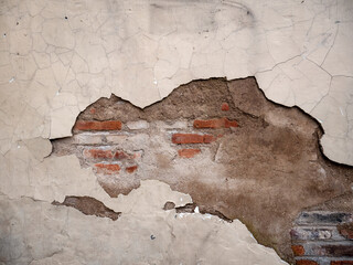 The damaged walls showed red bricks inside and light dust around them
