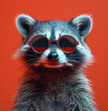 Funny raccoon in sunglasses on colored background