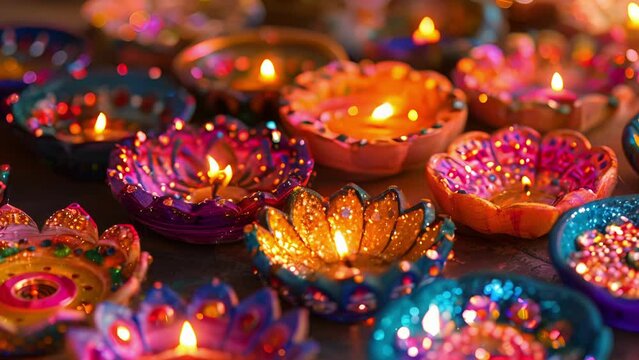 A variety of handcrafted diyas painted in vibrant hues and adorned with glittering sequins displayed on a table as decorative pieces for Diwali celebrations.
