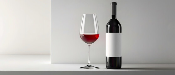 Close up of a wine bottle and glass mockup, white label, clean canvas, promotion