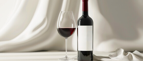Close up of a bottle of wine and glass are on a table, minimalist mock up, white label, promotion