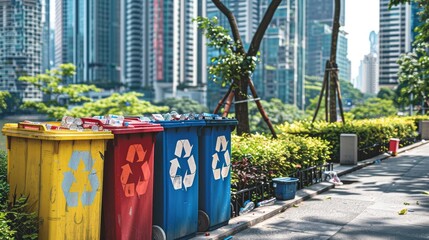 Color-coded recycling bins line an urban sidewalk, promoting waste segregation against the backdrop of a bustling cityscape.