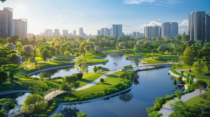 A beautifully landscaped urban park with lush greenery and winding pathways contrasts harmoniously with a modern city skyline in the background.