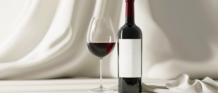 Close up of a bottle of wine and glass are on a table, minimalist mock up, white label, promotion