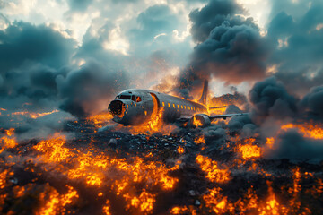 burning and smoking passenger plane that crashed in field - obrazy, fototapety, plakaty