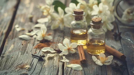 Foto op Plexiglas A wooden tray with a few bottles of essential oils and a spoonful of spices. The tray is set on a wooden table with a few flowers scattered around it. Scene is calm and relaxing, as the essential oils © Daw