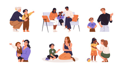 Fathers, mothers supporting, talking to children set. Good relationship between parents and child. Family communication concept. Moms, dads support kids. Flat isolated vector illustrations on white