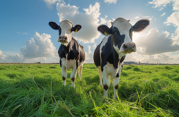 Two cows are looking curiously at the camera in green pasture under blue sky and faraway straight horizon.