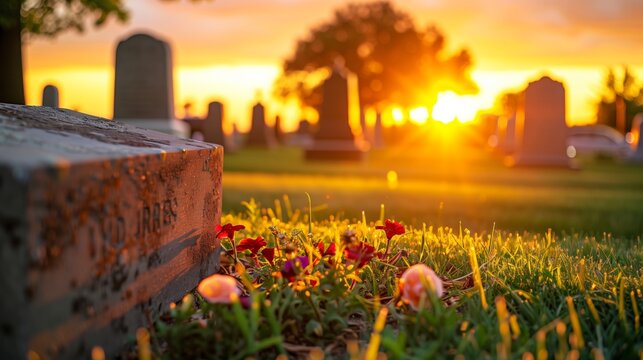 Memorial Day Dawn at the Cemetery with American Flag - Powered by Adobe