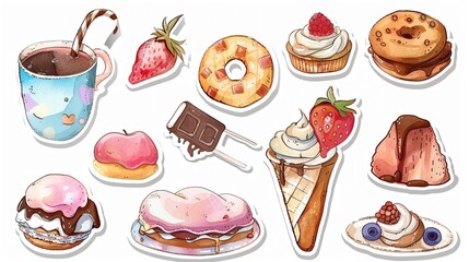 Pastel cute food stickers in watercolor kawaii style