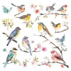 Fototapeta premium Serene bird stickers in watercolor peaceful nature setting