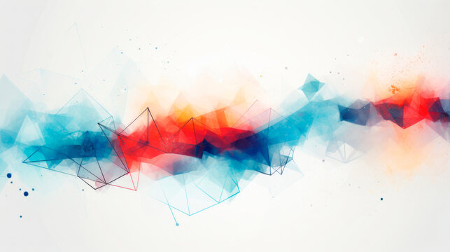 Vivid abstract painting featuring dynamic blue, red, and orange shapes overlapping and intertwining in a harmonious dance of colors and forms. Banner. Copy space